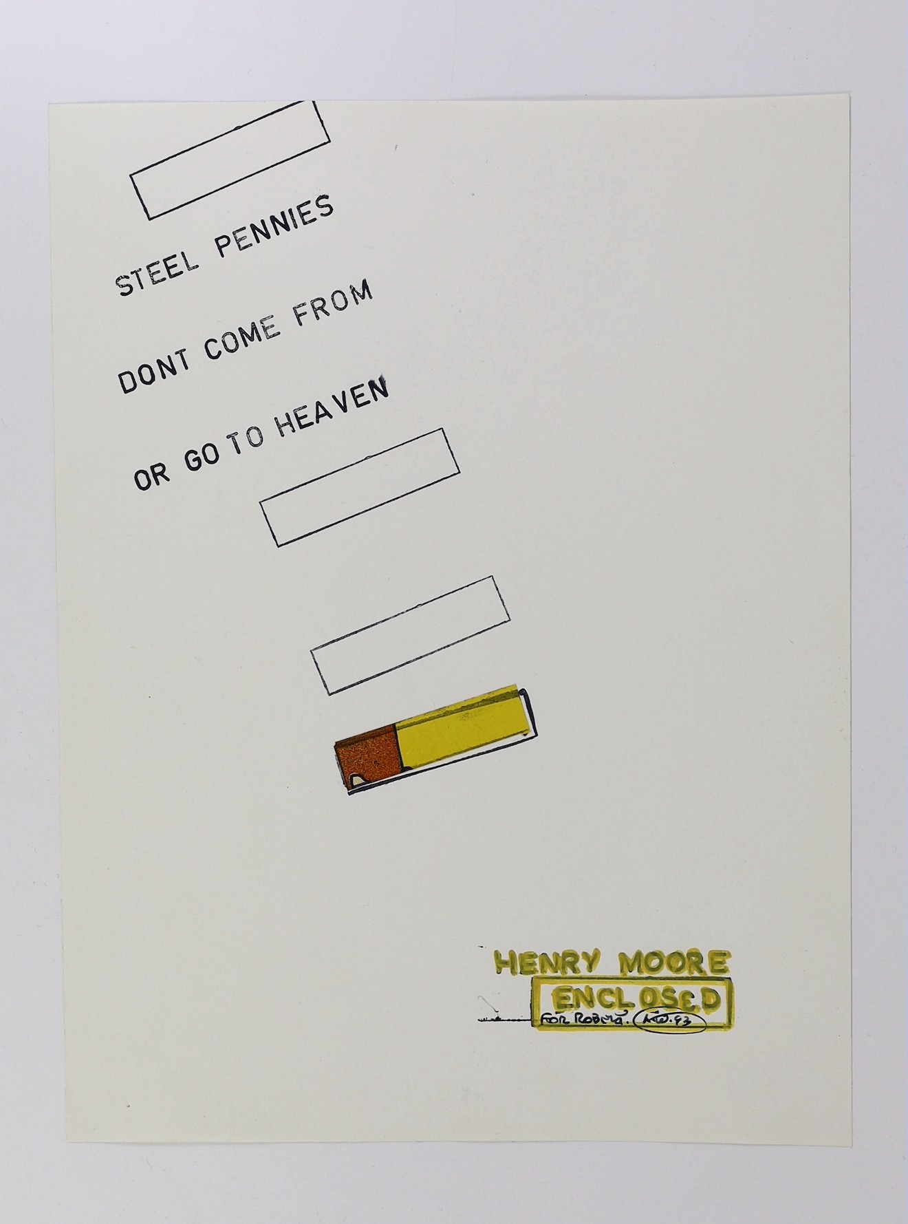 Lawrence Charles Weiner (American, 1942-2021), 'Steel pennies don't come from or go to heaven', printed paper and collage, 27 x 20.5cm